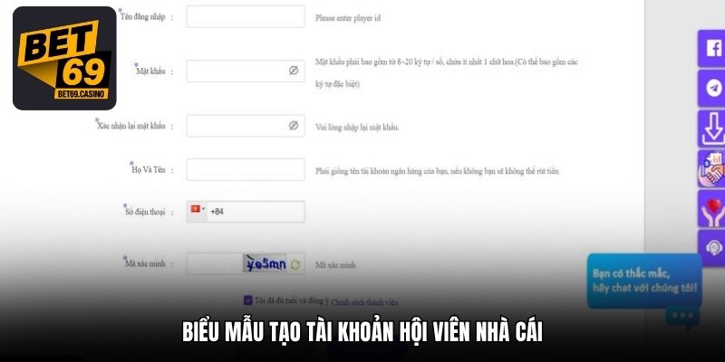Biểu mẫu tạo tài khoản hội viên nhà cái